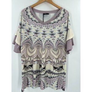 Lily By Firmiana Women Size L Bohemian Multicolor Ruffle Sleeve V-Neck Tunic Top